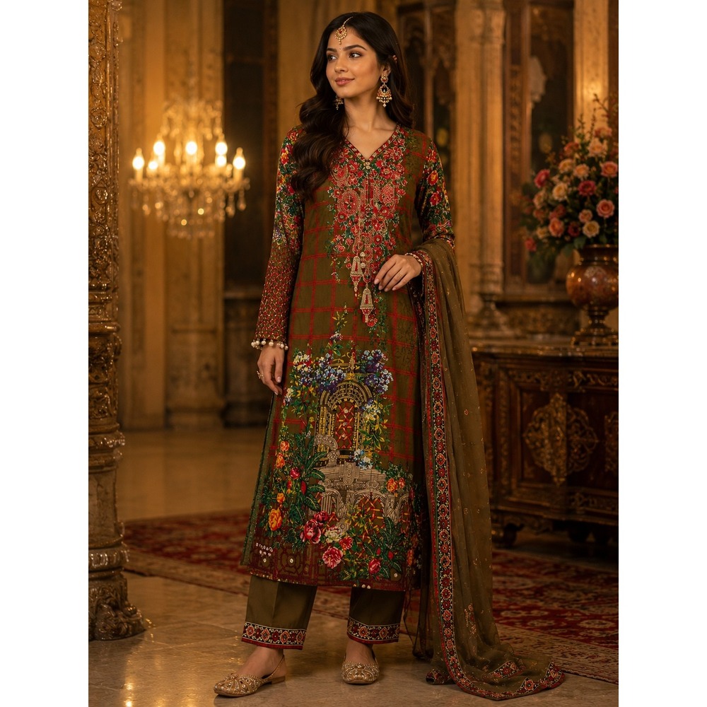 South Asian Salwar Kameez Tunic Womens Medium Olive Green Excellent Floral Kurti